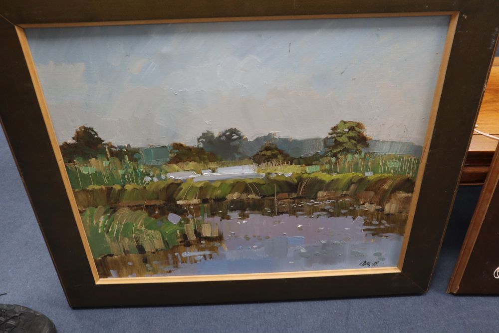 20th century Polish School, three oils on canvas, Lake scenes, indistinctly signed and dated 89, 59 x 72cm